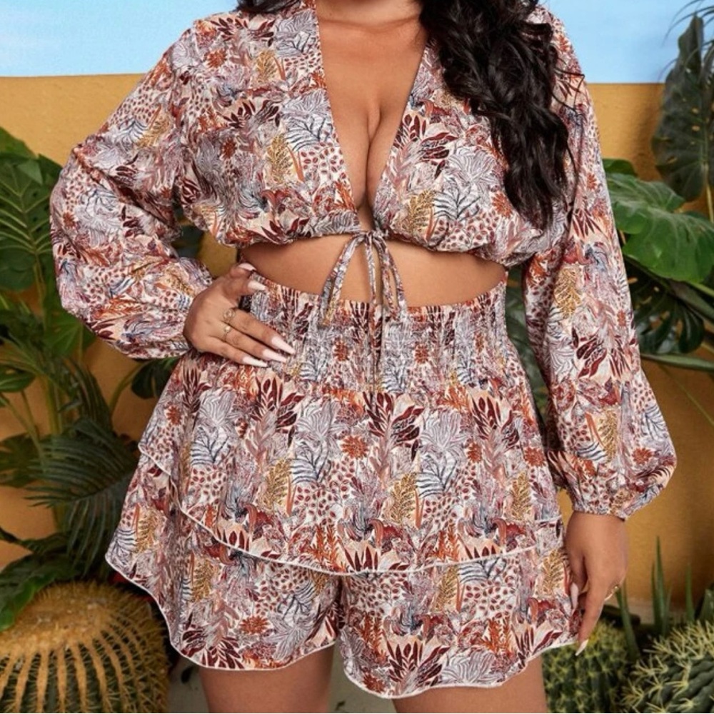 Plus Tropical Print Knot Front Cut Out Romper